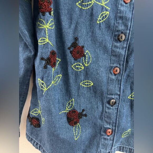 Quacker Factory Denim Beaded Lady Bug long Sleeve Button down Blouse S - Picture 2 of 10